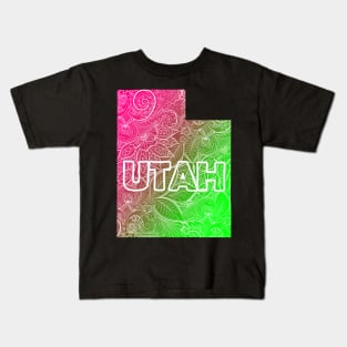 Colorful mandala art map of Utah with text in pink and green Kids T-Shirt